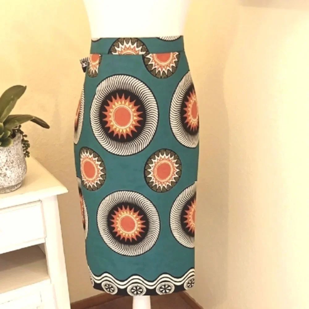 African Wax Print Teal Skirt with Sunburst Pattern